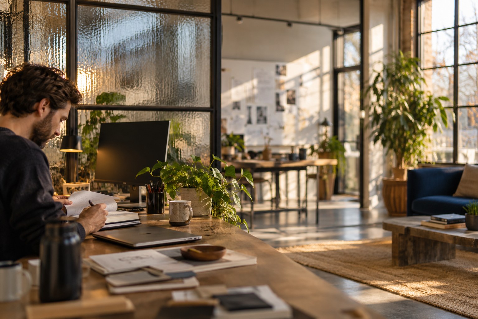 A business owner planning the day in a sunlit studio